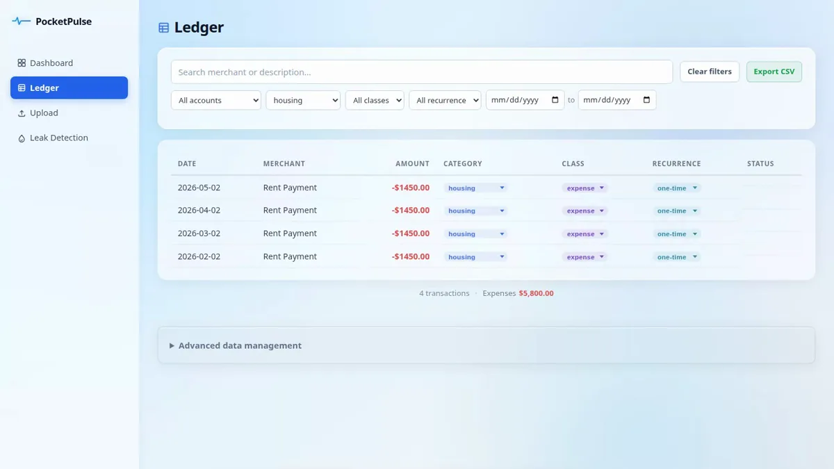 Pocket Pulse transaction ledger showing filtered transaction rows